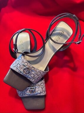 GUESS Black and Logo-Print Ankle-Strap Heels